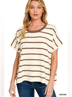 Zenana Striped Short-Sleeve Knit Top in Cream and Brown